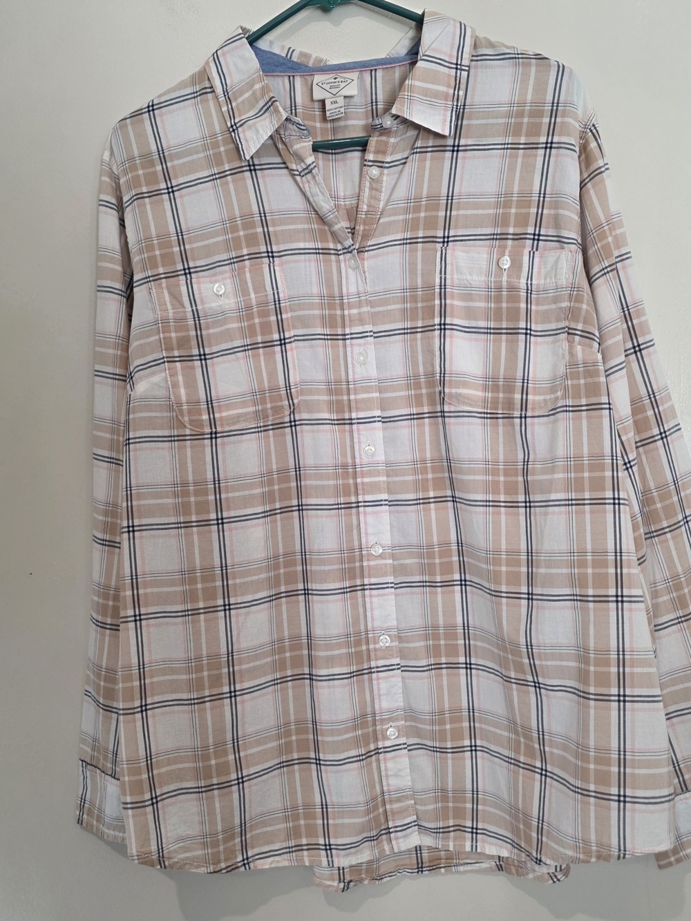 St. John's Bay Men's XXL Plaid Button-Up Shirt Pockets Cotton Brown Beige Casual
